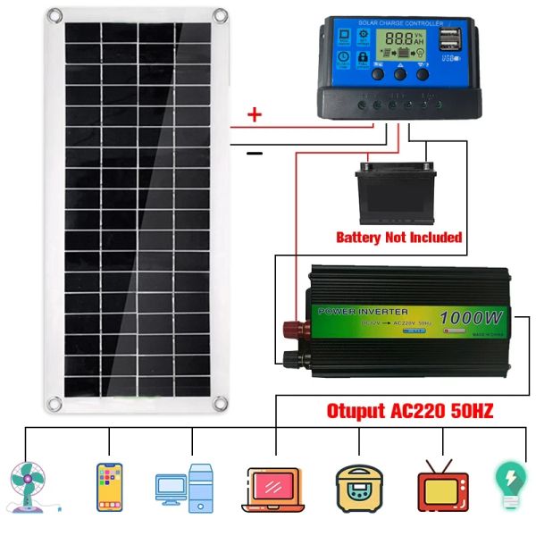 Sistema de energia do painel solar Chargers Sistema de energia USB Carregador de bateria 1000W Inverter Kit de controlador completo 220V Power Powertion portátil