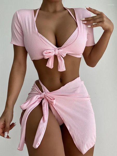 Swimwear's Swimwear 4 pezzi da bagno costume da bagno sexy Halter senza backle senza schienale a maniche corte corta cravatta gallo da bagno top -up spingi costumi da bagno testuriti