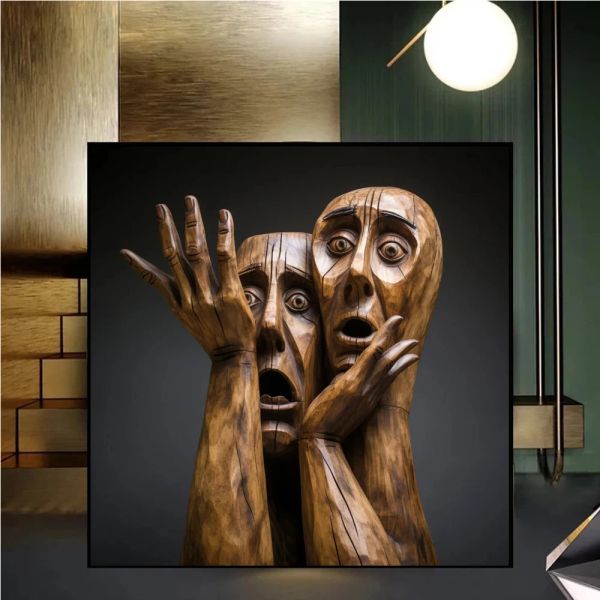 Abstract Twisted Wooden Statue Human Statue Tela Importatore esagerato personaggio per il viso Poster Art Poster Sala per la casa