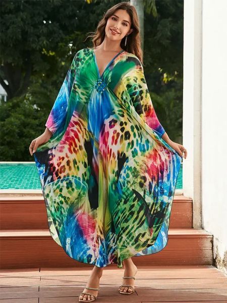 Edolynsa chic bohémien stampato plus size da donna kaftan a v-collo a farfalla a maniche lunghe a maniche lunghe cover-up bikini Q1588