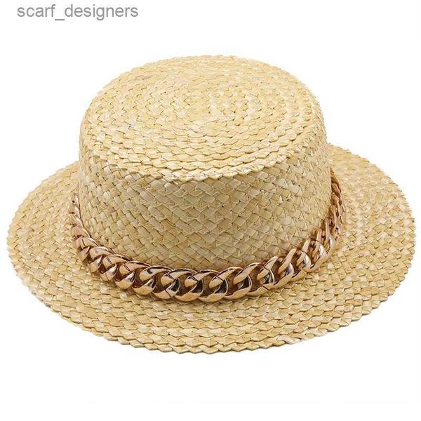 Chapéus de balde largura Chapéus de balde novas mulheres naturais de palha de trigo de ouro Chain girl boater chapéu derby praia chapéu de chapéu de chapéu de ladra de verão largo chapéus proteger y240409