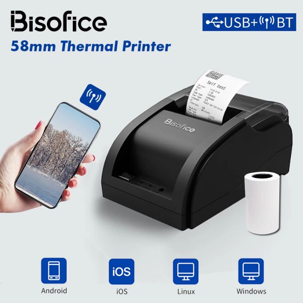 Impressoras BISOFICE Desktop 58mm Printina de recibo térmica Printina de barra sem fio Impressora portátil USB+BT/USB Conexões com 1 papel de rolo dentro