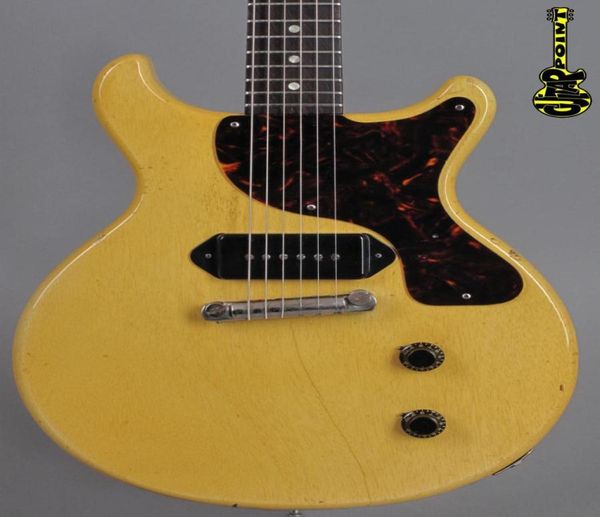 Custom 1959 Junior DC TV Yellow Creme Relic E -Gitarre P90 Hundeohr -Pickup Wein Rot Pearloid Pickguard Vintage White Tuners8686743