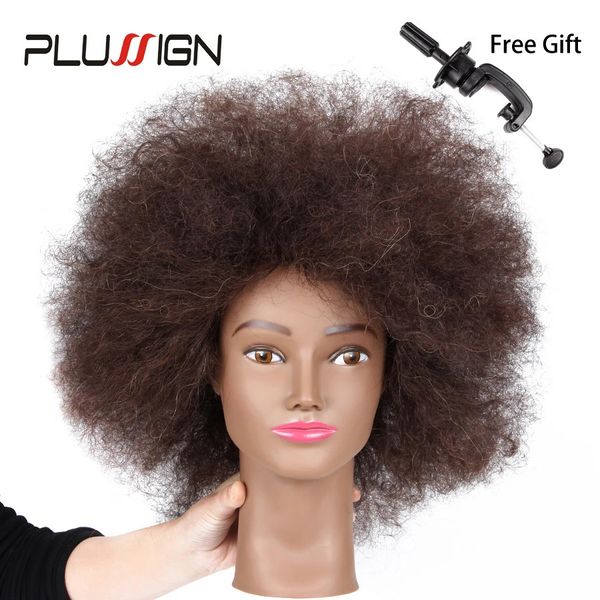 Plussign Traininghead Salon Afro Schaufensterpuppen Kopf menschliches Haar Dummy Dummy Doll Friseur Training Köpfe Real Hair Manikin Kopf schwarz 240403
