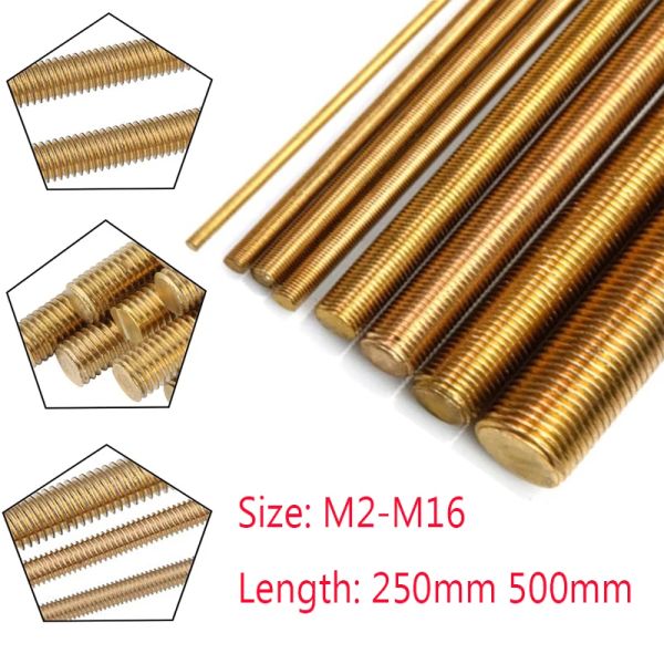 Haste de rosca de latão m2 m2.5 m3 m4 m5 m6 m8 m10 m12 m14 m16 comprimento 250 mm 500 mm de comprimento parafuso de metric parafuso