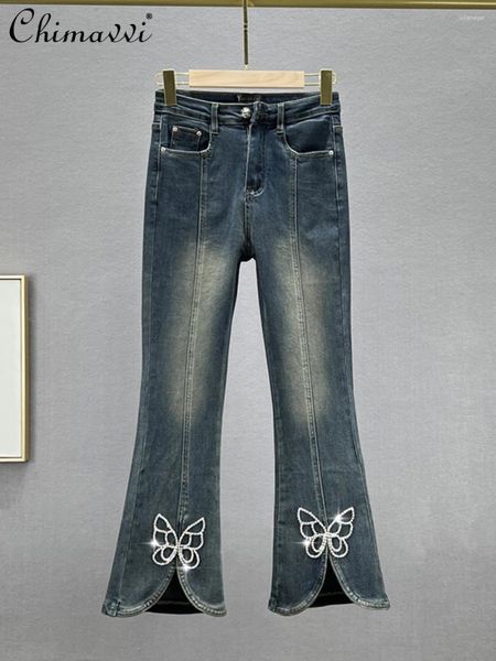 Pantaloni da bootcut jeans jeans da donna 2024 autunno autunno elastico in vita ad alto diamante pantaloni a fessura a crociera eleganti eleganti