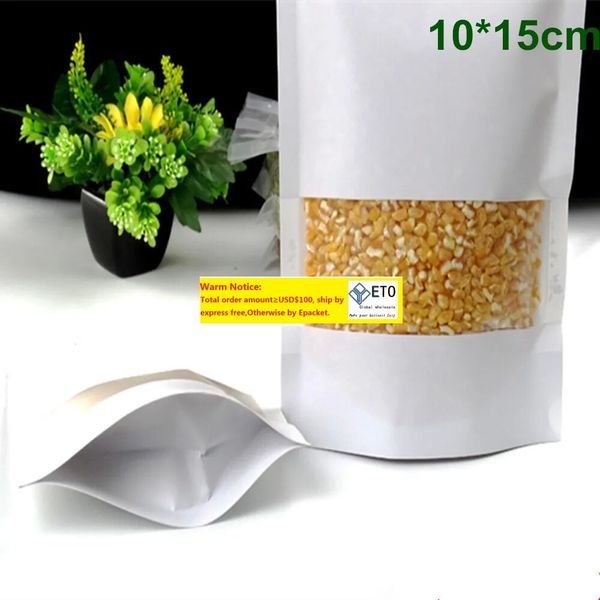 300pcs/ Lot 10x15cm Stand Up White Kraft Paper Food Storage Packing Bag Reißverschluss DOYPACK -Verpackungstasche mit klarem Fenster LL
