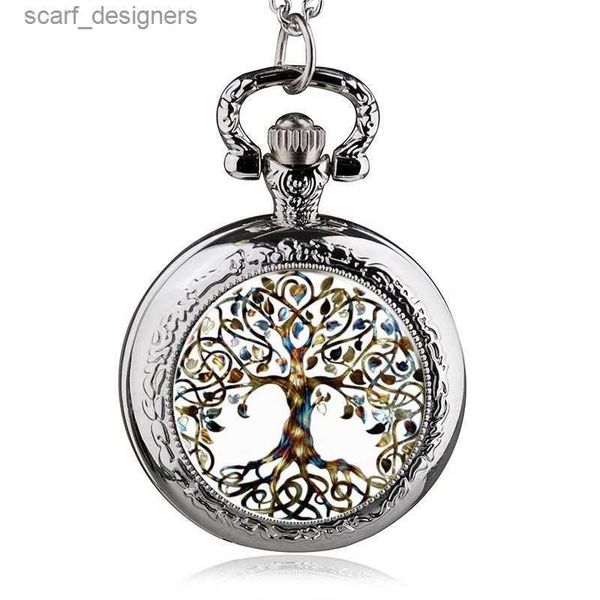 Relógios de bolso Moda personalizada Prata Aço inoxidável Árvore da vida Luminous Quartz Colar de bolso Mulheres Jóias Pingente Y240410
