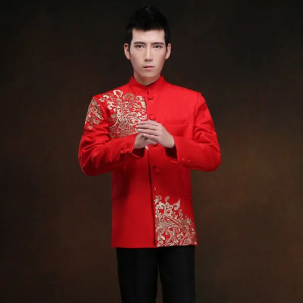 Túnica Vermelha Men Chinesa Tradicional Chinesa Masculina Menina MenS Roupa de Xangai Tang Cheongsam Top Tang Chinese Tang Terno para homens