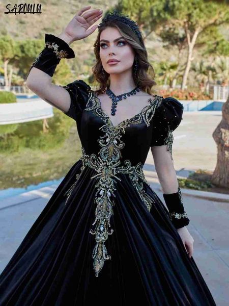 Urban sexy Kleider Vintage V-Ausschnitt Afrikanischer Caftan Dubai marokkanischer eleganter Kaftan Langarm Velvet Party Abendkleid Perlenkristalle Kleid 240410