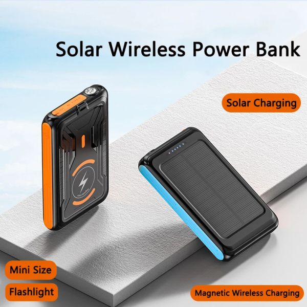 Chargers 5000mAh Solar Power Bank Magnetic Wireless Charger Solar Powerbank para iPhone 14 13 12 11 Mini carregador de bateria externo portátil