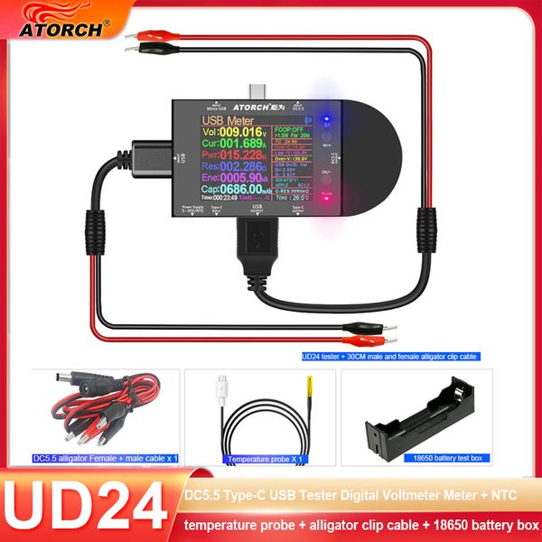 UD24 DC5.5 TIPO-C Testador USB Digital Voltímetro Medidor + sonda de temperatura NTC + cabo de clipe de jacaré + 18650 caixa de bateria