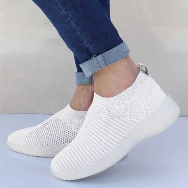 Lässige Schuhe Frauen Flats flacher Mund Mode Slip auf Socken weibliches Netz weiße Turnschuhe flach groß große Größe