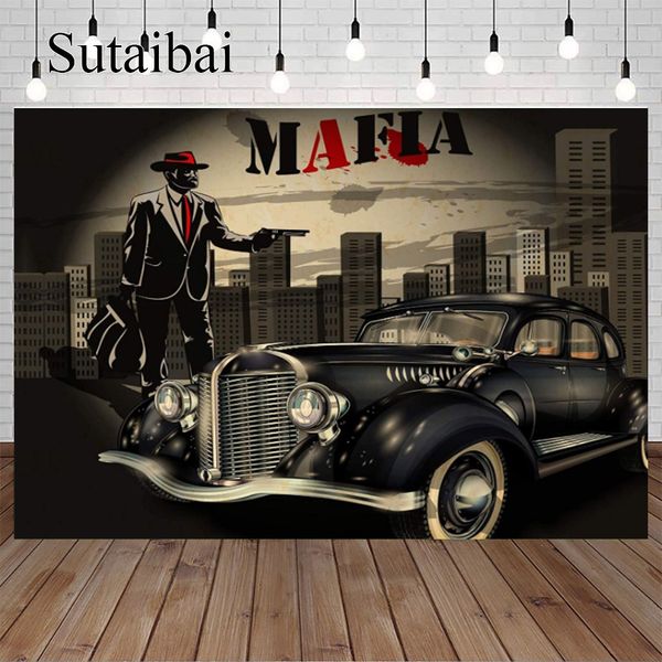 30s 60s Gangster Mafia Gun Car Chicago Crime Scene Photography Backdrop Party Background