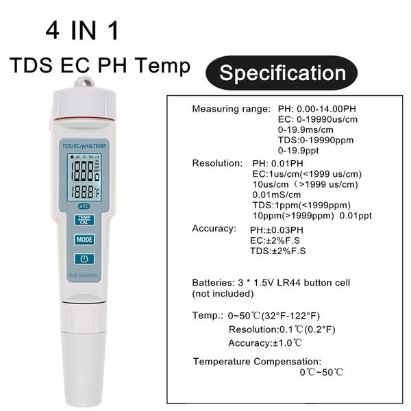Professional 4 in 1 TDS PH EC TEMP TEMP METER PH Tester Acqua Prova a temperatura Temperatura Monitoraggio Strumenti di misurazione della base dell'acido penna