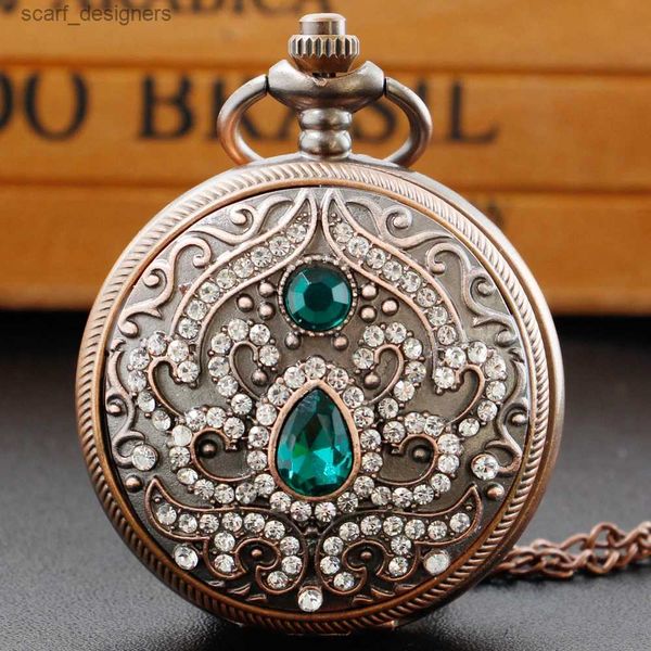 Pocket Watches Luxury Emerald Gem Vintage Ladies Colar Colar Pocket Pingled Pingente Chain Relógio Moda Escultura Presente das Mulheres Y240410