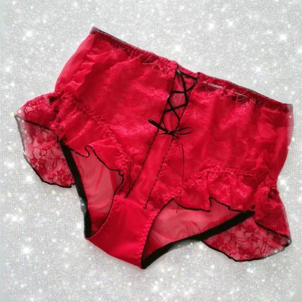 Estilo japonês babados eróticos lingerie feminina calcinha sexy renda transparente cuecas fêmeas cruzadas ruptura vermelha plus size 6xl