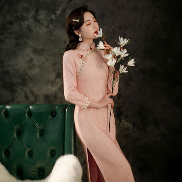 2021 Autumn/Winter Ferret Velvet Melhoria de renda longa para meninas e juventude Cheongsam Dress