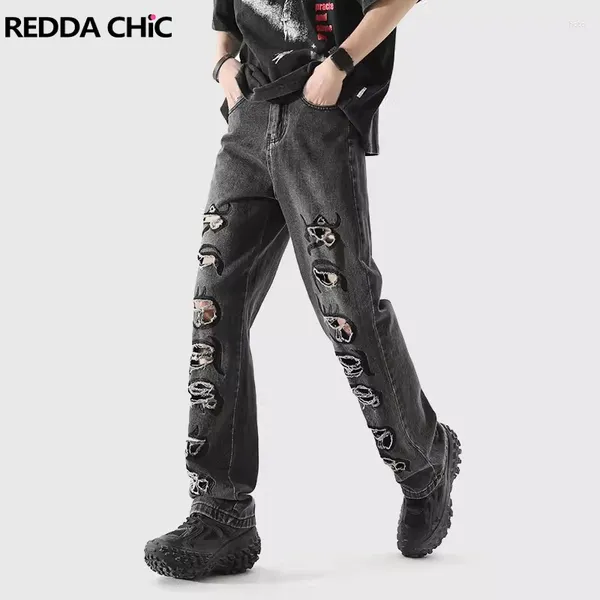 Herren Jeans Reddachic Harajuku Graphic Straight Men Grey Ripped Löcher Denim Bleistifthosen Schlanker Fit HipHop -Hosen Plus Größe Kleidung