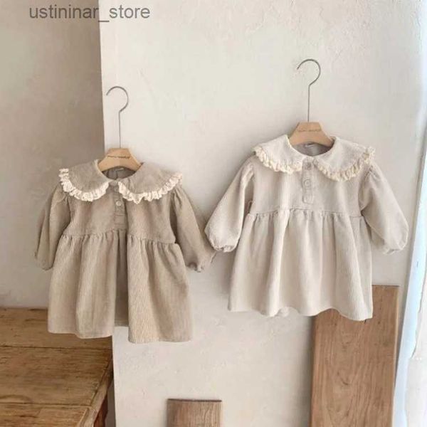 Mädchenkleider süßes kleines Mädchen Cord-Kleid 0-3 Jahre Prinzessin Neugeborene Kinder Langarm Peter Pan Kragen A-Line Einszene Korea Frühlingskleidung L47