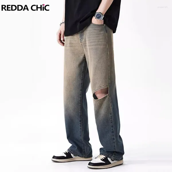 Herren Jeans Reddachic Ausschnitt Baggy für Männer Retro Y2k gebürstete Blau-Gradient-Weitbein-Denimhose Casom Hiphop Korean Streetwear