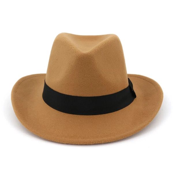 Qbhat Männer Frauen Woolen Feel Panama Hats Western Cowboy Kappen breiter Schwirms Sombrero Fedora Trilby Jazz Kirche Hut Floppy Cloche Cap 240410