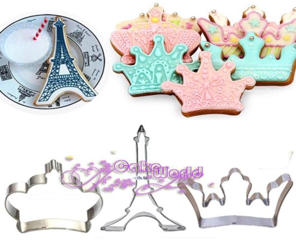 Fashion Crown Tour Eiffel Stainless Steel Cookie Cutter Fondant Sugarcraft Bolo Tools Decoração Ferramentas de gelo Moldes de biscoito de metal cupcake3731140