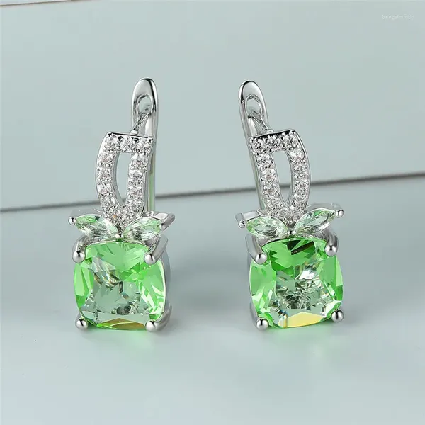 Brincos de luxo feminino feminino verde de cristal de cristal clipe de cor prata simples casamento quadrado de nupcial para mulheres