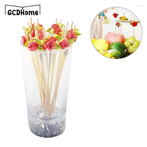 Forks 10pc 15 cm Multicoly Rose Blume Fancy Wald Zahnstocher Bambus Cupcake Obstgabel Cocktail Pick für Party Dessert Salat Stick