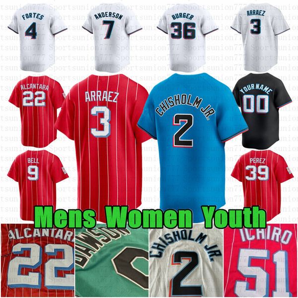 2024 Custom 2 Jazz Chisholm Jr. Baseball Jersey 22 Sandy Alcantara Luis Arraez Jake Burger im Anderson Josh Bell Eury Perez Nick Fortes Yuli Gurriel Nick Gordon A.J.Puk