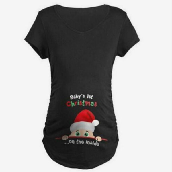 Mulher grávida de verão de Natal Maternidade de manga curta camisetas de Natal Ruched Roughed Top Top Tee Casual Gravidez Roupas