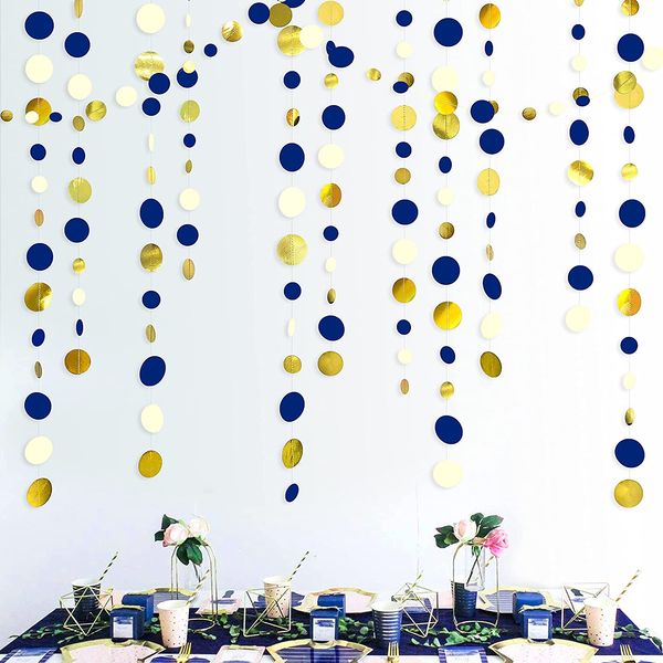 Circolo di carta beige in oro blu navy da 11 ft Garland Garland Assiciare Polka Dot Streamer Royal Blue Birthday Baby Shower Decoration