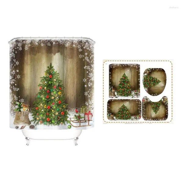 Duschvorhänge 4PC Frohe Weihnachtsbaumkissen frabische Polyester wasserdichte Badvorhang Toilettensitz Abdeckung Matte Nicht-Schlupfteppich Set