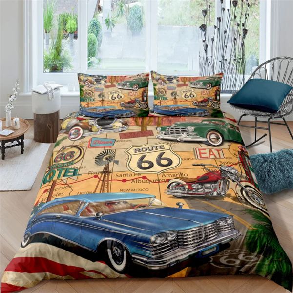 Vida em casa Rota de luxo 66 Impressão 2/3pcs Capa de edredão suave queen e King Size Size Kids Bedding Set.