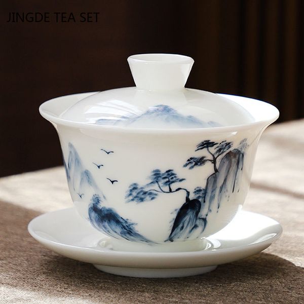 Handbemalte Blumen weiße Porzellan Gaiwan Home Teetasse Travel Tee Schüssel Chinesische Keramik Teemware Getränke persönliche Tasse 220 ml