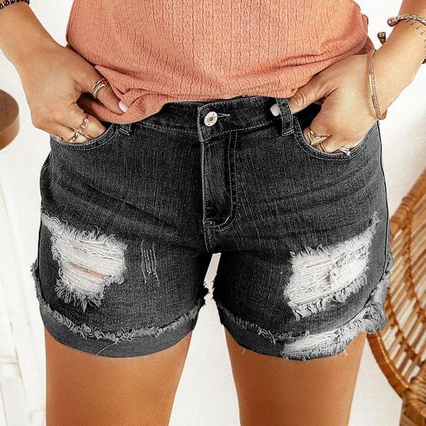 Frauen Jeans hohe taillierte enge Denim -Shorts für Sommerwäsche und abgenutzte lässige, vielseitige, geschnittene Hosen 77173