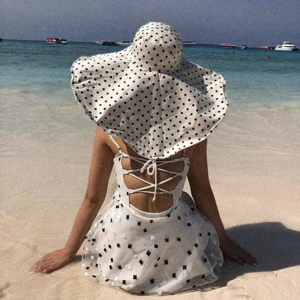 Versão coreana Polca elegante Polka Dot Burmed Fisherman Hat Women Women Summer Coberting Sun Protection férias Sunhat 240403