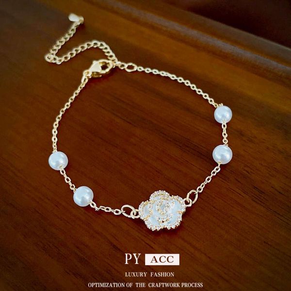 Real Gold Electroplated Zircon Pearl Dropping Oil Camellia Talk Comuting Fashion New Style Bracelet Internet Celebrity Trendy Handicraft for Women