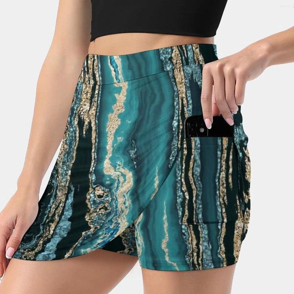 Röcke türkis Gold funkelnde Luxus Marmor Edelstein Kunst Frauen Rock Sport Skort mit Pocket Fashion Korean Style 4xl