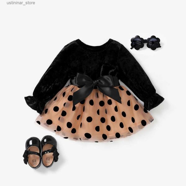 Mädchenkleider 2pcs Baby Mädchen Polka Punkt mehrschichtiger Samtmaterialkleid mit Gürtel L47