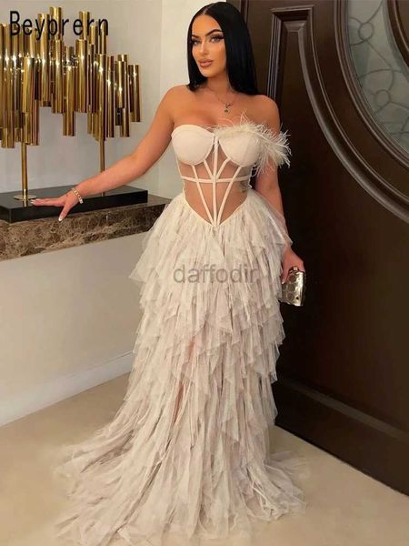 Abiti sexy urbani Beyprern Bellissimi volant Chffion Feather Maxi Dress Maxi Dress Elegant Mesh Corsetto lungo abiti da festa abiti da festa di compleanno 240410