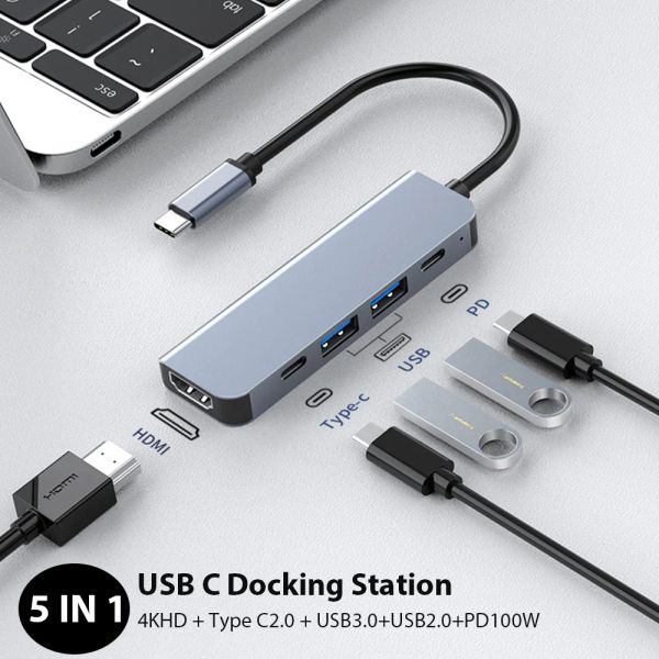 Stationen Laptop USB C Dockingstation 4K30Hz Hdmicompatible Ausgabe USB2.0 USB3.0 PD100W Typec2.0 USB -Hub für MacBook -PC -Telefon Tablet