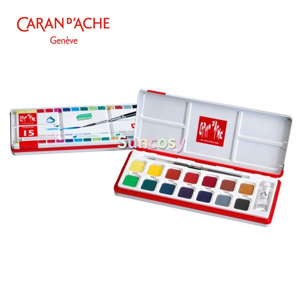 Caran d'Ache Fancolor Tempera Tintas, 15 cores, Fancolor Gouache 15 Conjunto de tintas em aquarela, para estudantes, professores e artistas