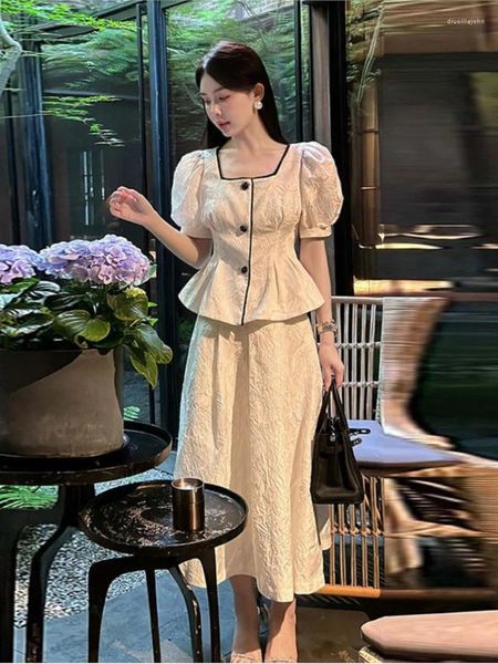 Arbeitskleider 2024 Sommer Mode Korean süße elegante 2 -teilige Set Frauen Crop Top Shirt Bluse Midi Rock Anzüge zwei Outfits OL