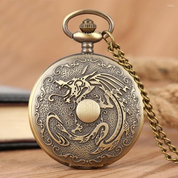 Pocket Uhren Bronze Drache geschnitzt Quarz Steampunk FOB Analog Vintage -Uhr mit Ketten Halskette für Männer