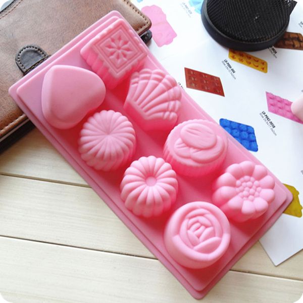 8 Cavidade Flowerand Heart Shape Silicone Moldes para Bath Bomb Soop Chocolate Candy Fazendo molde de cozimento de bolo de geléia de geléia