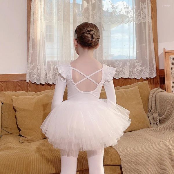 Sahne Giyim Jimnastik Ballet Tertenci Bebek Toddler Kız Çocukları Dans Uzun Kollu Fırfır Uçan Tutu Etek Giysileri Kıyafet Elbise