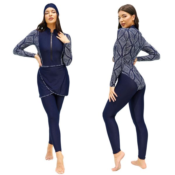 4pcs Set Muslim Badebode Frauen bescheidenes Patchwork Hijab Long Sleeve Sport Badeanzug Islamic Burkinis Tragen Sie vollständige Cover -Badeanzug