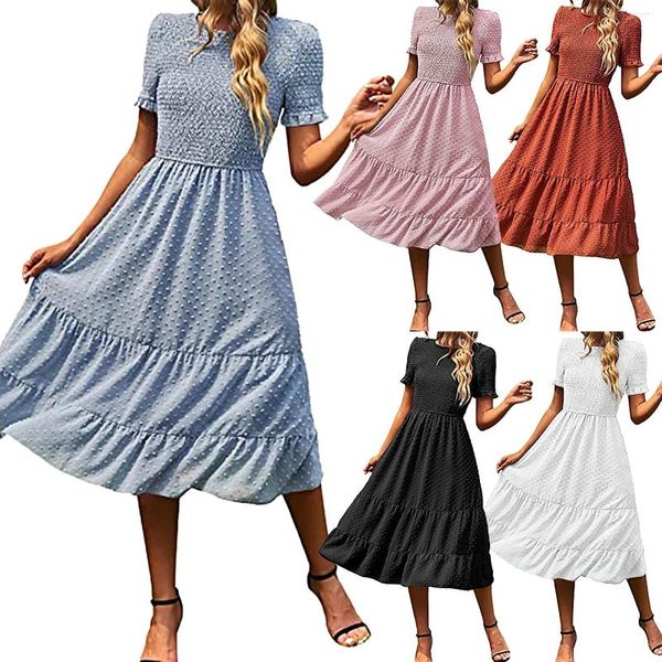 Lässige Kleider solide Midi Kleiderinnen Frauen Sommer O-Neck Kurzarmschlitz lange böhmische weibliche blau rosa Strand Vestidos