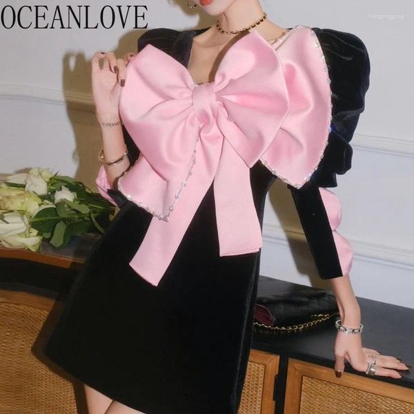 Lässige Kleider Oceanlove Abend für Frauen Puffärmel Big Bow Pink Vintage Frühling Herbst Vestidos Mujer süßes elegantes Mini -Kleid